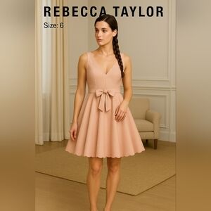 Rebecca Taylor Women's Fit & Flare Dress Blush Pink Bow Cotton Size 6